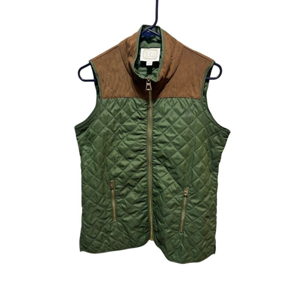 STS Ranchwear Quilted Vest Womens Med Green Brown Faux Suede Western Full Zip